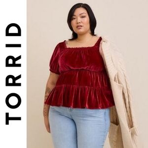 TORRID Babydoll Velvet Holiday Tiered Top, Red Rhubarb, Size 0, L